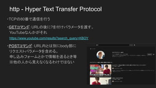 http - Hyper Text Transfer Protocol
・TCPの80番で通信を行う
・GETコマンド：URLの後に?を付けパラメータを渡す。
　YouTubeなんかがそれ
　https://www.youtube.com/re...