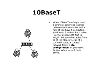 10BaseT  When 10BaseT cabling is used, a strand of cabling is inserted between each computer and a hub. If you have 5 computers, you'll need 5 cables. Each cable  cannot exceed 325 feet in length. Because the cables from all of the PCs converge at a common point, a 10BaseT network forms a  star configuration , or geometric design, when viewed from above.  