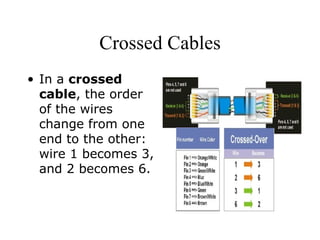 Crossed Cables In a  crossed cable , the order of the wires change from one end to the other: wire 1 becomes 3, and 2 becomes 6.  