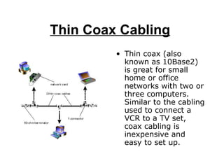 Thin Coax Cabling   Thin coax (also known as 10Base2) is great for small home or office networks with two or three computers. Similar to the cabling used to connect a VCR to a TV set, coax cabling is inexpensive and easy to set up.  