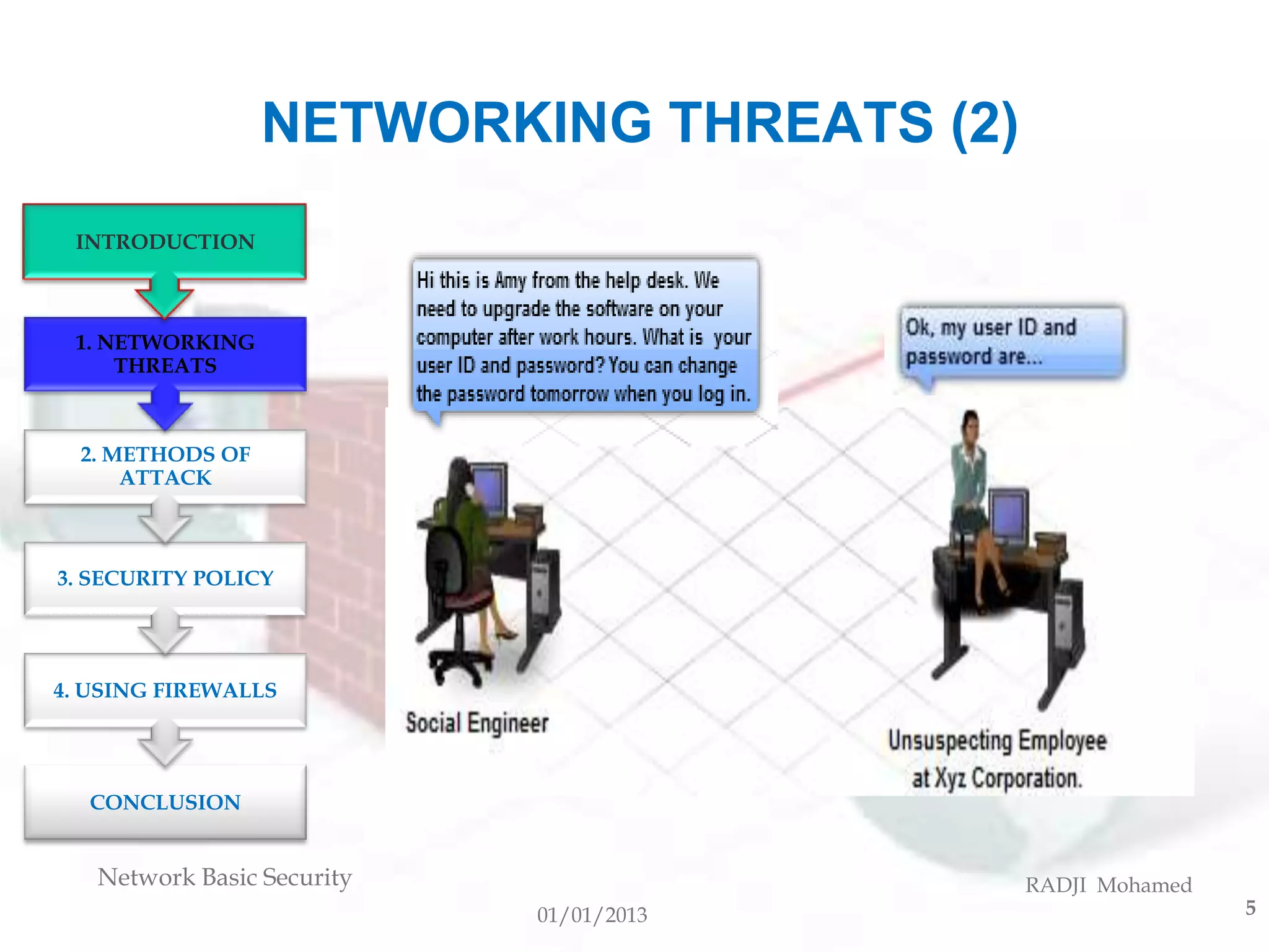 NETWORKING THREATS (2)
 INTRODUCTION



 1. NETWORKING
     THREATS



  2. METHODS OF
      ATTACK



3. SECURITY POLICY




4. USING FIREWALLS




  CONCLUSION


   Network Basic Security                  RADJI Mohamed
                            01/01/2013                     5
 