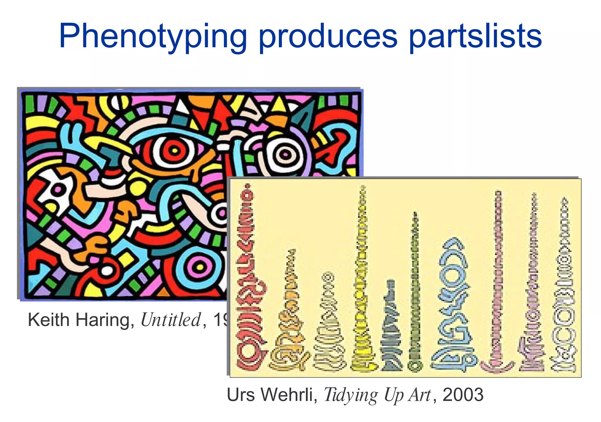 Phenotyping produces partslists Keith Haring,  Untitled , 1986 Urs Wehrli,  Tidying Up Art , 2003 
