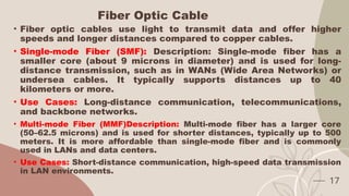 Fiber Optic Cable
• Fiber optic cables use light to transmit data and offer higher
speeds and longer distances compared to copper cables.
• Single-mode Fiber (SMF): Description: Single-mode fiber has a
smaller core (about 9 microns in diameter) and is used for long-
distance transmission, such as in WANs (Wide Area Networks) or
undersea cables. It typically supports distances up to 40
kilometers or more.
• Use Cases: Long-distance communication, telecommunications,
and backbone networks.
• Multi-mode Fiber (MMF)Description: Multi-mode fiber has a larger core
(50–62.5 microns) and is used for shorter distances, typically up to 500
meters. It is more affordable than single-mode fiber and is commonly
used in LANs and data centers.
• Use Cases: Short-distance communication, high-speed data transmission
in LAN environments.
17
 