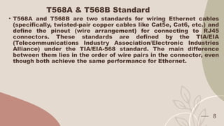 T568A & T568B Standard
• T568A and T568B are two standards for wiring Ethernet cables
(specifically, twisted-pair copper cables like Cat5e, Cat6, etc.) and
define the pinout (wire arrangement) for connecting to RJ45
connectors. These standards are defined by the TIA/EIA
(Telecommunications Industry Association/Electronic Industries
Alliance) under the TIA/EIA-568 standard. The main difference
between them lies in the order of wire pairs in the connector, even
though both achieve the same performance for Ethernet.
8
 