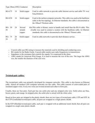 Type OhmsAWG Conductor Description
RG-6 75 18 Solid copper Used in cable network to provide cable Internet service and cable TV over
long distances.
RG-8 50 10 Solid copper Used in the earliest computer networks. This cable was used as the backbone
cable in the bus topology. In Ethernet standards, this cable is documented as
the 10base5 Thicknet cable.
RG-
58
50 24 Several thin
strands of
copper
This cable is thinner, easier to handle and install than the RG-8 cable. This
cable was used to connect a system with the backbone cable. In Ethernet
standards, this cable is documented as the 10base2 Thinnet cable.
RG-
59
75 20 -
22
Solid copper Used in cable networks to provide short-distance service.
o Coaxial cable uses RG rating to measure the materials used in shielding and conducting cores.
o RG stands for the Radio Guide. Coaxial cable mainly uses radio frequencies in transmission.
o Impedance is the resistance that controls the signals. It is expressed in the ohms.
o AWG stands for American Wire Gauge. It is used to measure the size of the core. The larger the AWG
size, the smaller the diameter of the core wire.
Twisted-pair cables:
The twisted-pair cable was primarily developed for computer networks. This cable is also known as Ethernet
cable. Almost all modern LAN computer networks use this cable. This cable consists of color-coded pairs of
insulated copper wires. Every two wires are twisted around each other to form pair.
Usually, there are four pairs. Each pair has one solid color and one stripped color wire. Solid colors are blue,
brown, green, and orange. In stripped color, the solid color is mixed with the white color.
Based on how pairs are stripped in the plastic sheath, there are two types of twisted-pair cable; UTP and STP. In
the UTP (Unshielded twisted-pair) cable, all pairs are wrapped in a single plastic sheath.
In the STP (Shielded twisted-pair) cable, each pair is wrapped with an additional metal shield, then all pairs are
wrapped in a single outer plastic sheath.
 