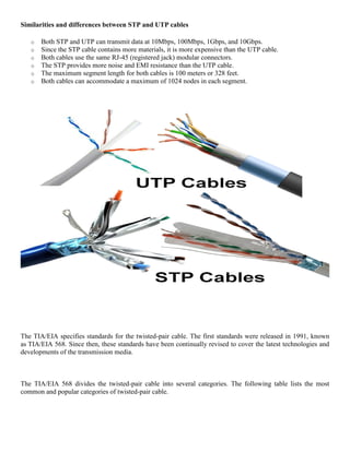 Similarities and differences between STP and UTP cables
o Both STP and UTP can transmit data at 10Mbps, 100Mbps, 1Gbps, and 10Gbps.
o Since the STP cable contains more materials, it is more expensive than the UTP cable.
o Both cables use the same RJ-45 (registered jack) modular connectors.
o The STP provides more noise and EMI resistance than the UTP cable.
o The maximum segment length for both cables is 100 meters or 328 feet.
o Both cables can accommodate a maximum of 1024 nodes in each segment.
The TIA/EIA specifies standards for the twisted-pair cable. The first standards were released in 1991, known
as TIA/EIA 568. Since then, these standards have been continually revised to cover the latest technologies and
developments of the transmission media.
The TIA/EIA 568 divides the twisted-pair cable into several categories. The following table lists the most
common and popular categories of twisted-pair cable.
 