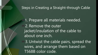 Steps in Creating a Straight-through Cable
1. Prepare all materials needed.
2. Remove the outer
jacket/insulation of the cable to
about one inch.
3. Untwist the cable pairs, spread the
wires, and arrange them based on
T568B color code.
 