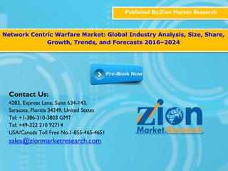 Published By:Zion Market Research
Network Centric Warfare Market: Global Industry Analysis, Size, Share,
Growth, Trends, and Forecasts 2016–2024
Contact Us:
4283, Express Lane, Suite 634-143,
Sarasota, Florida 34249, United States
Tel: +1-386-310-3803 GMT
Tel: +49-322 210 92714
USA/Canada Toll Free No.1-855-465-4651
sales@zionmarketresearch.com
 