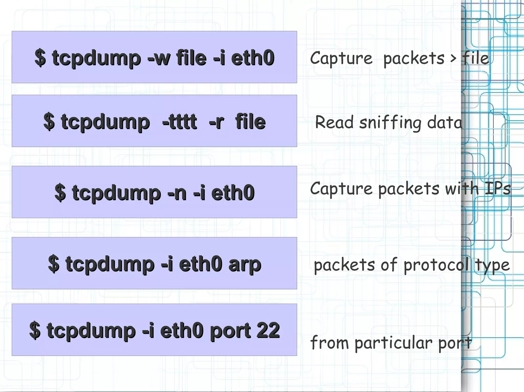 $ tcpdump -w file -i eth0   Capture packets > file


 $ tcpdump -tttt -r file    Read sniffing data



  $ tcpdump -n -i eth0      Capture packets with IPs



 $ tcpdump -i eth0 arp      packets of protocol type


$ tcpdump -i eth0 port 22
                            from particular port
 