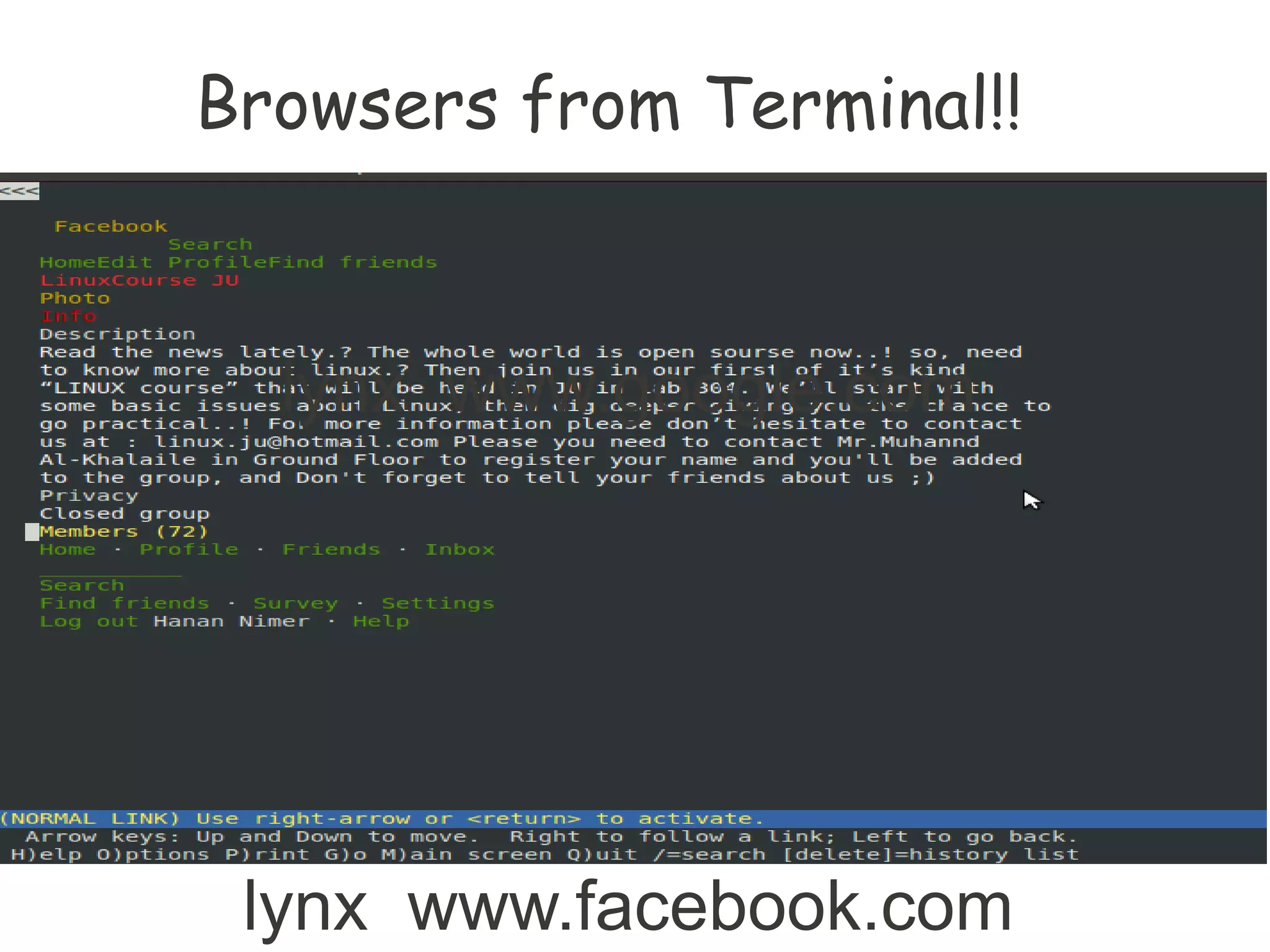 Browsers from Terminal!!



  lynx www.google.com




 lynx www.facebook.com
 