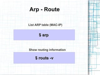 Arp - Route

List ARP table (MAC-IP)


       $ arp


Show routing information

    $ route -v
 