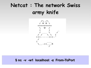 Netcat : The network Swiss
        army knife




 $ nc -v -w1 localhost -z From-ToPort
 