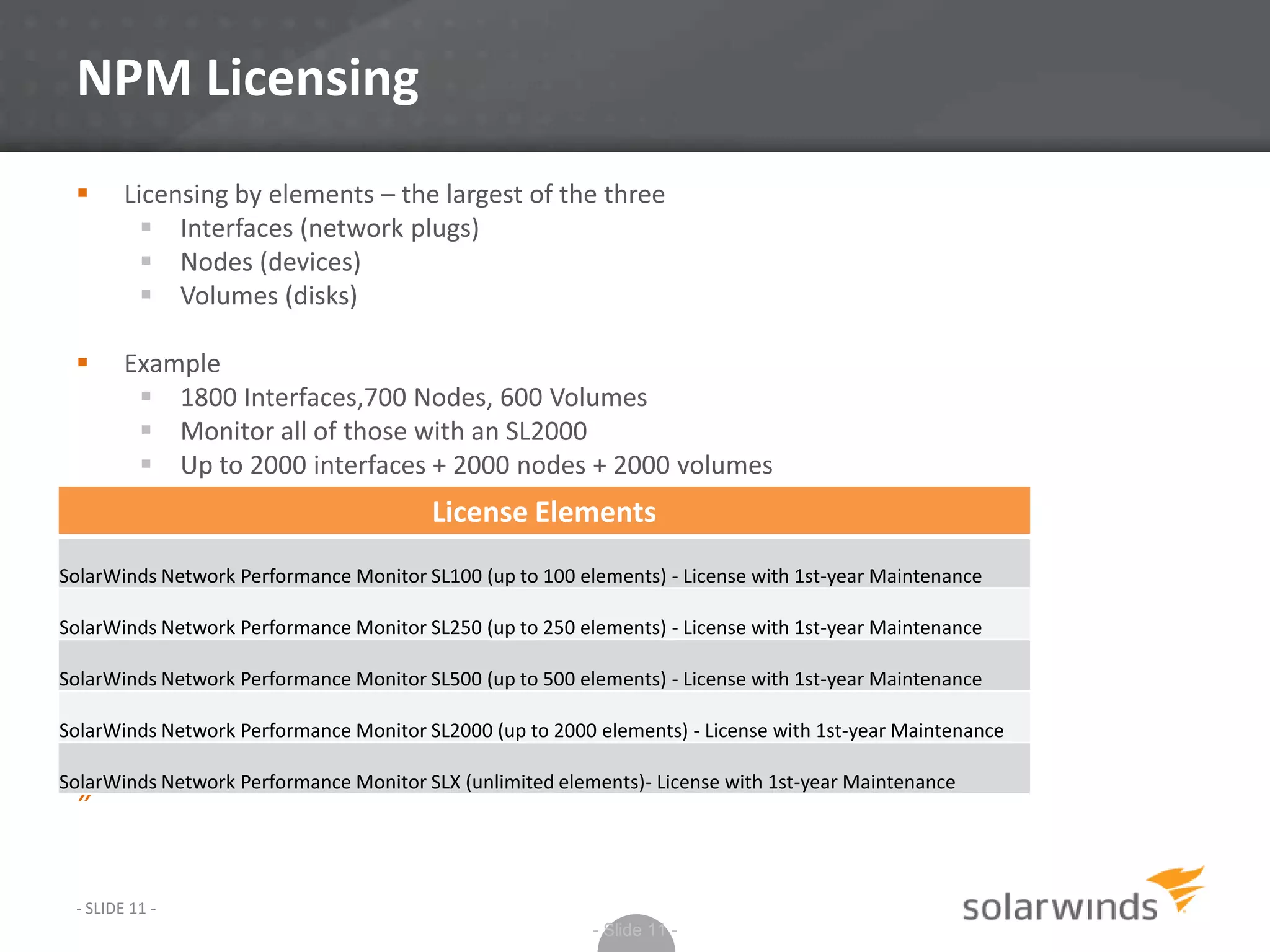 NPM Licensing
- SLIDE 11 -
 Licensing by elements – the largest of the three
 Interfaces (network plugs)
 Nodes (devices)
 Volumes (disks)
 Example
 1800 Interfaces,700 Nodes, 600 Volumes
 Monitor all of those with an SL2000
 Up to 2000 interfaces + 2000 nodes + 2000 volumes
»
- Slide 11 -
License Elements
SolarWinds Network Performance Monitor SL100 (up to 100 elements) - License with 1st-year Maintenance
SolarWinds Network Performance Monitor SL250 (up to 250 elements) - License with 1st-year Maintenance
SolarWinds Network Performance Monitor SL500 (up to 500 elements) - License with 1st-year Maintenance
SolarWinds Network Performance Monitor SL2000 (up to 2000 elements) - License with 1st-year Maintenance
SolarWinds Network Performance Monitor SLX (unlimited elements)- License with 1st-year Maintenance
 