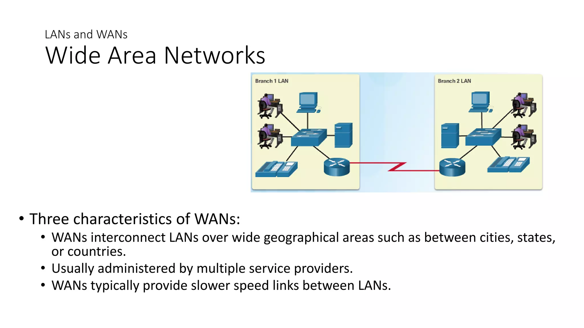 LANs and WANs
Wide Area Networks
• Three characteristics of WANs:
• WANs interconnect LANs over wide geographical areas such as between cities, states,
or countries.
• Usually administered by multiple service providers.
• WANs typically provide slower speed links between LANs.
 