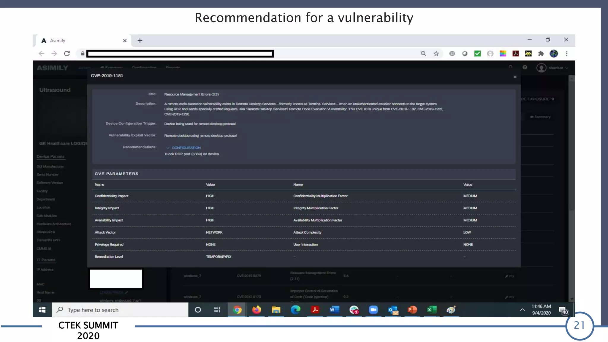 CTEK SUMMIT
2020
Recommendation for a vulnerability
21
 