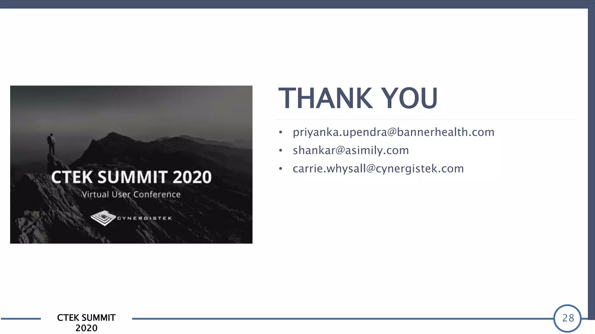 CTEK SUMMIT
2020
THANK YOU
• priyanka.upendra@bannerhealth.com
• shankar@asimily.com
• carrie.whysall@cynergistek.com
28
 