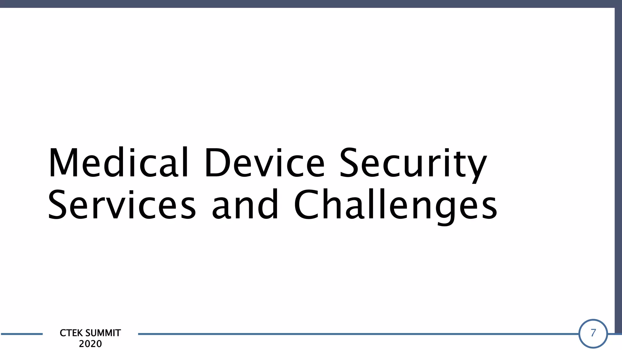 CTEK SUMMIT
2020
Medical Device Security
Services and Challenges
7
 