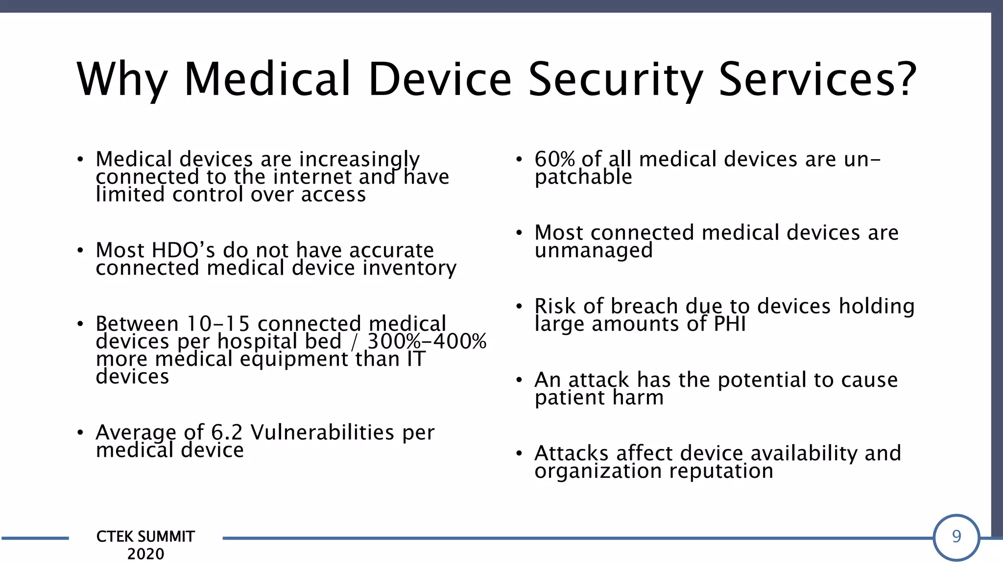 CTEK SUMMIT
2020
Why Medical Device Security Services?
• Medical devices are increasingly
connected to the internet and have
limited control over access
• Most HDO’s do not have accurate
connected medical device inventory
• Between 10-15 connected medical
devices per hospital bed / 300%-400%
more medical equipment than IT
devices
• Average of 6.2 Vulnerabilities per
medical device
• 60% of all medical devices are un-
patchable
• Most connected medical devices are
unmanaged
• Risk of breach due to devices holding
large amounts of PHI
• An attack has the potential to cause
patient harm
• Attacks affect device availability and
organization reputation
9
 