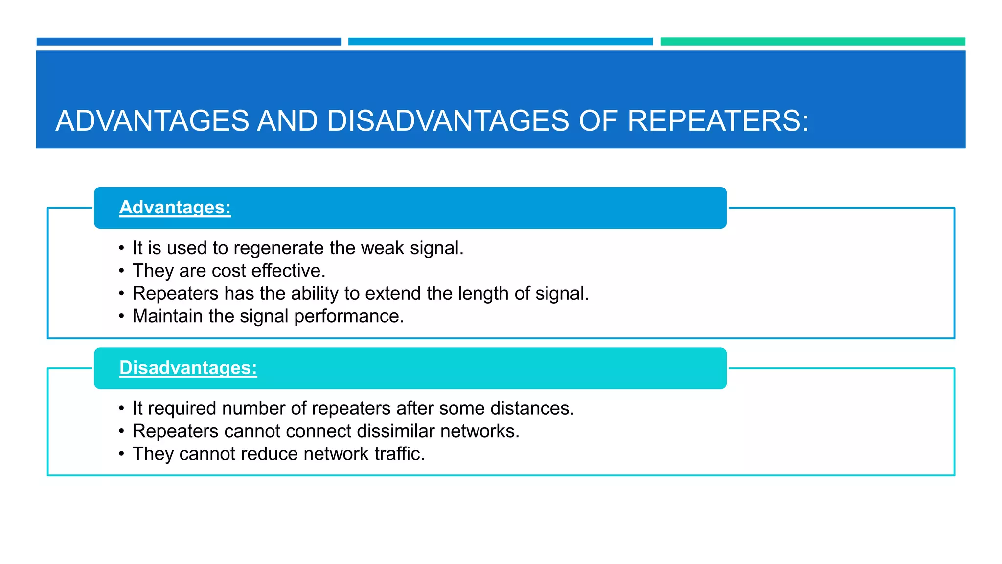 ADVANTAGES AND DISADVANTAGES OF REPEATERS:
• It is used to regenerate the weak signal.
• They are cost effective.
• Repeaters has the ability to extend the length of signal.
• Maintain the signal performance.
Advantages:
• It required number of repeaters after some distances.
• Repeaters cannot connect dissimilar networks.
• They cannot reduce network traffic.
Disadvantages:
 