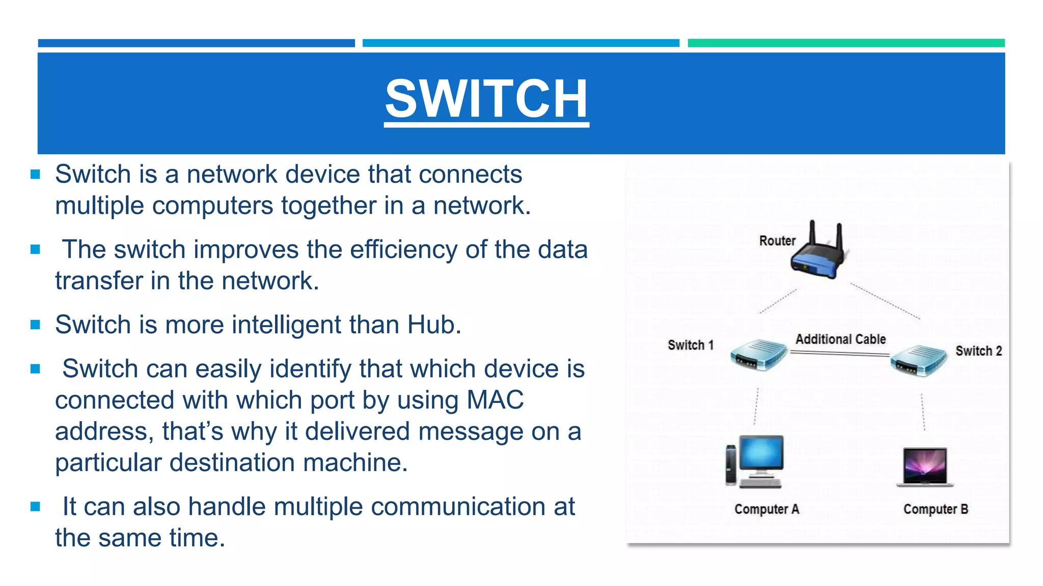 SWITCH
 Switch is a network device that connects
multiple computers together in a network.
 The switch improves the efficiency of the data
transfer in the network.
 Switch is more intelligent than Hub.
 Switch can easily identify that which device is
connected with which port by using MAC
address, that’s why it delivered message on a
particular destination machine.
 It can also handle multiple communication at
the same time.
 