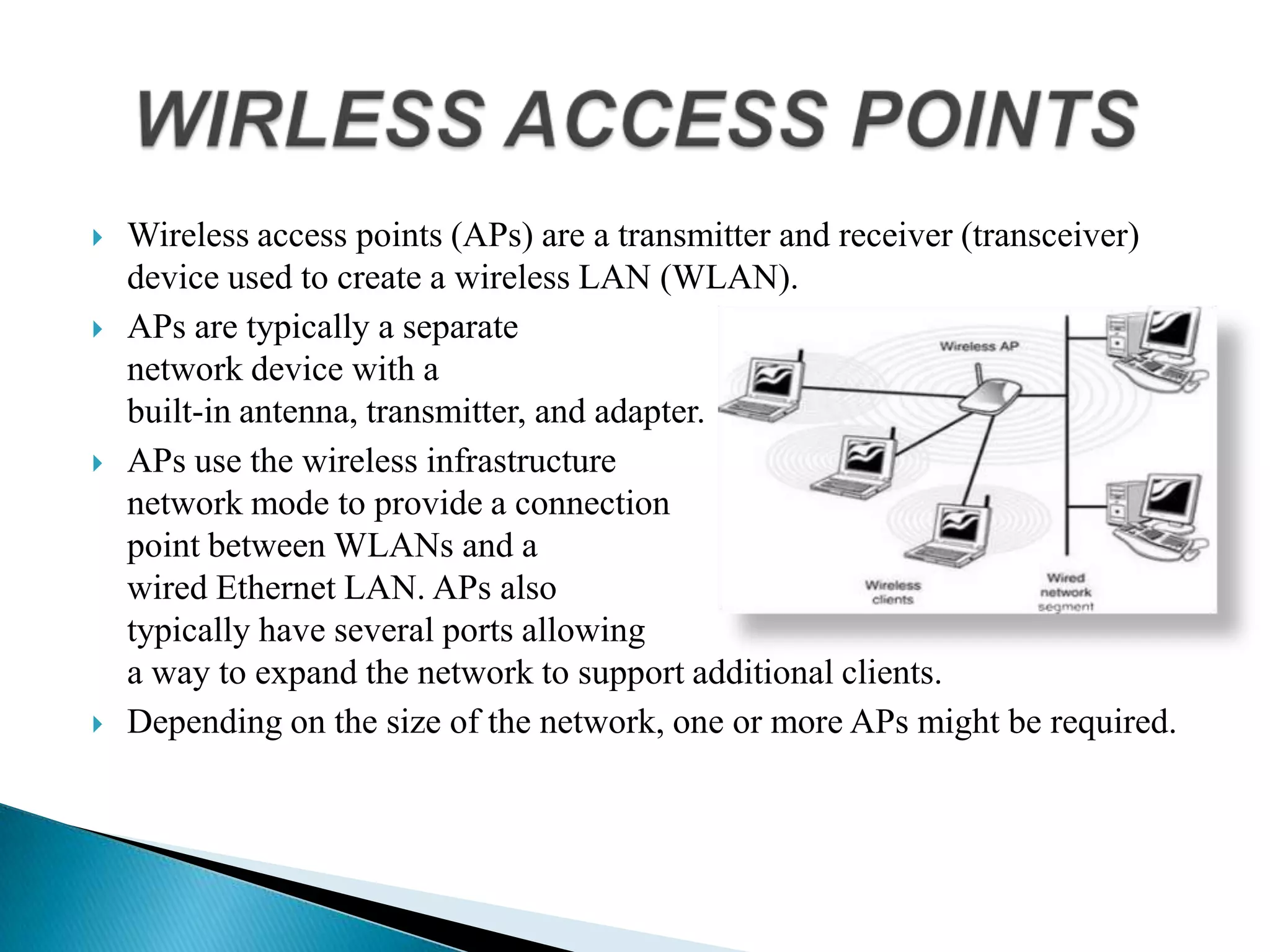  Wireless access points (APs) are a transmitter and receiver (transceiver)
device used to create a wireless LAN (WLAN).
 APs are typically a separate
network device with a
built-in antenna, transmitter, and adapter.
 APs use the wireless infrastructure
network mode to provide a connection
point between WLANs and a
wired Ethernet LAN. APs also
typically have several ports allowing
a way to expand the network to support additional clients.
 Depending on the size of the network, one or more APs might be required.
 