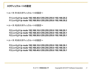 スタティックルートの設定
～ルータ：R1のスタティックルートの設定～
R1(config)# ip route 192.168.40.0 255.255.255.0 192.168.20.2
R1(config)# ip route 192.168.50.0 255.255.255.0 192.168.30.2
～ルータ：R2のスタティックルートの設定～
R2(config)# ip route 192.168.10.0 255.255.255.0 192.168.20.1
R2(config)# ip route 192.168.30.0 255.255.255.0 192.168.20.1
R2(config)# ip route 192.168.50.0 255.255.255.0 192.168.20.1
～ルータ：R3のスタティックルートの設定～
R3(config)# ip route 192.168.10.0 255.255.255.0 192.168.30.1
R3(config)# ip route 192.168.20.0 255.255.255.0 192.168.30.1
R3(config)# ip route 192.168.40.0 255.255.255.0 192.168.30.1
ネットワーク構築訓練入門 Copyright© 2016 NTT Software Corporation 27
 