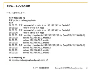 RIPルーティングの確認
～デバッグコマンド～
R1# debug ip rip
RIP protocol debugging is on
R1#
00:00:00: RIP: received v1 update from 192.168.20.2 on Serial0/0
00:00:00: 192.168.40.0 in 1 hops
00:00:01: RIP: received v1 update from 192.168.30.2 on Serial0/1
00:00:01: 192.168.50.0 in 1 hops
00:00:03: RIP: sending v1 update to 255.255.255.255 via Serial0/0 (192.168.20.1)
00:00:03: subnet 192.168.50.0, metric 2
00:00:03: subnet 192.168.30.0, metric 1
00:00:03: subnet 192.168.10.0, metric 1
00:00:03: RIP: sending v1 update to 255.255.255.255 via Serial0/1 (192.168.30.1)
00:00:03: subnet 192.168.40.0, metric 2
00:00:03: subnet 192.168.20.0, metric 1
00:00:03: subnet 192.168.10.0, metric 1
R1# undebug all
All possible debugging has been turned off
ネットワーク構築訓練入門 Copyright© 2016 NTT Software Corporation 42
 