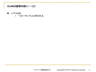 VLANの説明の前に・・・（２）
 ハブ（HUB）
• 「リピータハブ」とも呼ばれる
ネットワーク構築訓練入門 Copyright© 2016 NTT Software Corporation 61
 