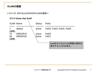 VLANの確認
～スイッチ：SW1およびSW2のVLANの確認～
SW1# show vlan brief
VLAN Name Status Ports
------- ------------------------- ----------- -----------------------------------------
1 default active Fa0/2, Fa0/3, Fa0/4, Fa0/5
[省略]
10 GROUP10 active Fa0/0
20 GROUP20 active Fa0/1
[省略]
briefを付けるとVLAN情報の要約を
表示することが出来る。
ネットワーク構築訓練入門 Copyright© 2016 NTT Software Corporation 73
 