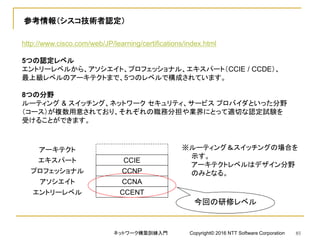 参考情報（シスコ技術者認定）
http://www.cisco.com/web/JP/learning/certifications/index.html
5つの認定レベル
エントリーレベルから、アソシエイト、プロフェッショナル、エキスパート（CCIE / CCDE）、
最上級レベルのアーキテクトまで、5つのレベルで構成されています。
8つの分野
ルーティング & スイッチング、ネットワーク セキュリティ、サービス プロバイダといった分野
（コース）が複数用意されており、それぞれの職務分担や業界にとって適切な認定試験を
受けることができます。
CCENT
CCNA
CCNP
CCIE
エントリーレベル
アソシエイト
プロフェッショナル
エキスパート
アーキテクト ※ルーティング＆スイッチングの場合を
示す。
アーキテクトレベルはデザイン分野
のみとなる。
今回の研修レベル
ネットワーク構築訓練入門 Copyright© 2016 NTT Software Corporation 85
 