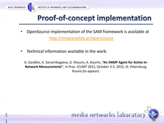 • OpenSource implementation of the SAM framework is available at
                http://medianetlab.gr/opensource

    • Technical information available in the work:

     G. Gardikis, K. Sarsembagieva, G. Xilouris, A. Kourtis, “An SNMP Agent for Active In-
     Network Measurements”, in Proc. ICUMT 2012, October 3-5, 2012, St. Petersburg,
                                      Russia (to appear).




1
 