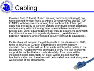 Cabling On each floor (2 floors) of each learning community (3 wings), we have planned for fiber-optic backbone between wiring closets (IDF to MDF), with two strands running from each switch. Fiber optic cable has the ability to transmit signals over much longer distances and can carry information at greater speeds than coaxial and twisted pair. Other advantages of fiber include expansive bandwidth, low attenuation, electromagnetically isolated, great distance between repeaters, and enhanced security (difficult to eavesdrop).   Cat6 cables will connect the patch panels to the classrooms. Cat6, rated to 1000 Mbs (Gigabit Ethernet) are currently industry standard. Four cables will run from each switch to the outlets in the classrooms. A cable tray will be installed every five feet in order to support the cables that are run horizontally. Five drops will be installed in each classroom. An outlet will be placed near the teacher’s station and the others will be installed in a bank along one wall of each of the classrooms.  