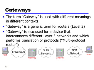 63
Gateways
• The term “Gateway” is used with different meanings
in different contexts
• “Gateway” is a generic term for routers (Level 3)
• “Gateway” is also used for a device that
interconnects different Layer 3 networks and which
performs translation of protocols (“Multi-protocol
router”)
SNA
Network
IP Network
X.25
Network
Gateway Gateway
Host Host
 