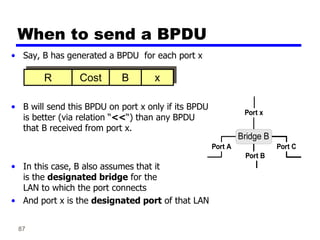 87
• Say, B has generated a BPDU for each port x
• B will send this BPDU on port x only if its BPDU
is better (via relation “<<“) than any BPDU
that B received from port x.
• In this case, B also assumes that it
is the designated bridge for the
LAN to which the port connects
• And port x is the designated port of that LAN
When to send a BPDU
R Cost B
Bridge B
Port A Port C
Port x
Port B
x
 
