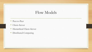 Flow Models
• Peer-to-Peer
• Client–Server
• Hierarchical Client–Server
• Distributed-Computing
 