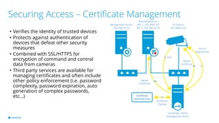 Securing Access – Certificate Management
• Verifies the identity of trusted devices
• Protects against authentication of
devices that defeat other security
measures
• Combined with SSL/HTTPS for
encryption of command and control
data from cameras
• Third party services are available for
managing certificates and often include
other policy enforcement (i.e. password
complexity, password expiration, auto
generation of complex passwords,
etc…)
IP Camera
192.168.0.122
Recording Server
NIC 1: 192.168.0.20
NIC 2: 192.168.10.20
Management Server
192.168.10.10
Certificate / Policy
Management Server
1
2
3
Secure
Registration
CSR
Certificate
Authority (CA)
Certificate
Signing
4a
4b
Signed
Certificate
Signed
Certificate
 