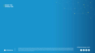 milestonesys.comThis publication contains information concerning Milestone Systems A/S and its affiliates that may be useful to Milestone’s customers, suppliers, employees as well members of the general public. However, in referencing this publication you
are accepting all of the terms of this disclaimer notice, including exclusions and limitations of liability. If you do not agree with anything in this notice, you should not use, or reference, this publication. While reasonable efforts are made to
ensure that the contents of this publication are accurate, this publication and its contents are provided on an “as is,” “as available” basis, without warranties of any kind, including any warranty that the publication will be kept up to date, be
true and not misleading, or that the publication will always (or ever) be available for use. Milestone and its affiliates disclaim all warranties, express or implied, with respect to the publication and its contents, including, without limitation, any
warranties of accuracy (to include any forward-looking statements based on assumptions), completeness, timeliness, non-infringement, title, merchantability, or fitness for a particular purpose. Because some jurisdictions do not permit the
exclusion of certain warranties, these exclusions may not apply to you
 