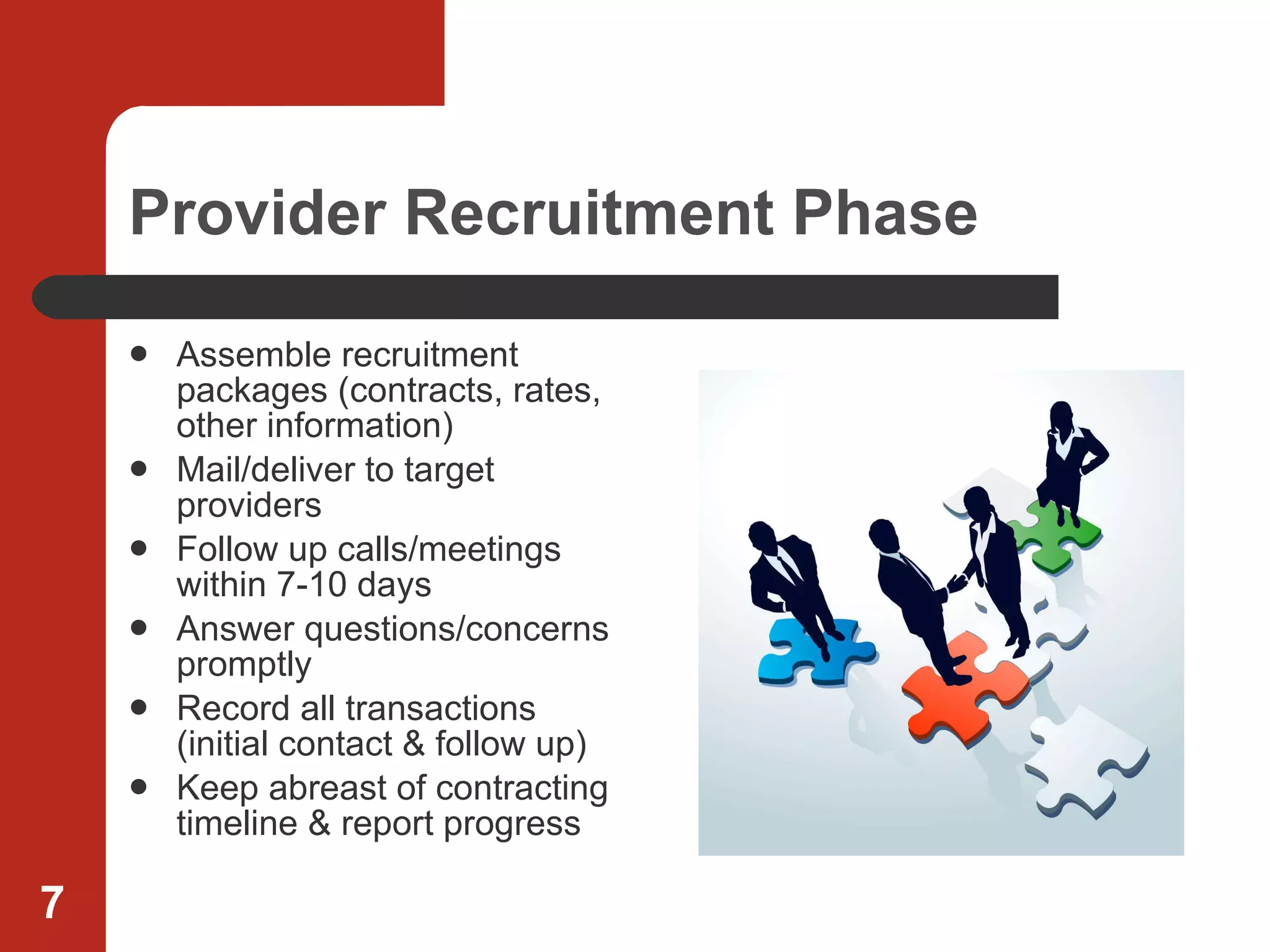 Provider Recruitment Phase Assemble recruitment packages (contracts, rates, other information) Mail/deliver to target providers Follow up calls/meetings within 7-10 days Answer questions/concerns promptly Record all transactions (initial contact & follow up) Keep abreast of contracting timeline & report progress 