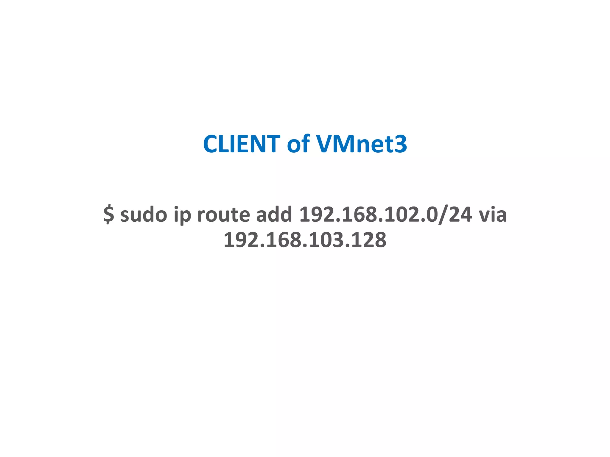 VMnet2
192.168.102.?
VMnet3
192.168.103.?
CLIENT
Ubuntu Desktop
192.168.102.128
CLIENT
Ubuntu Desktop
192.168.103.128
SWITCH
Debian
VMnet1
NAT
eth1 eth2
eth0
 