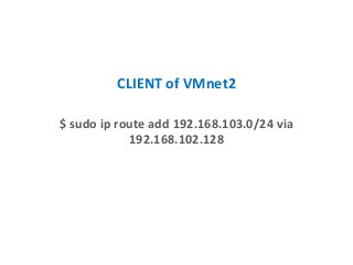 CLIENT of VMnet2
$ sudo ip route add 192.168.103.0/24 via
192.168.102.128
 