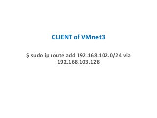 CLIENT of VMnet3
$ sudo ip route add 192.168.102.0/24 via
192.168.103.128
 