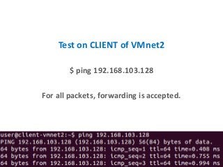 Test on CLIENT of VMnet2
$ ping 192.168.103.128
For all packets, forwarding is accepted.
 