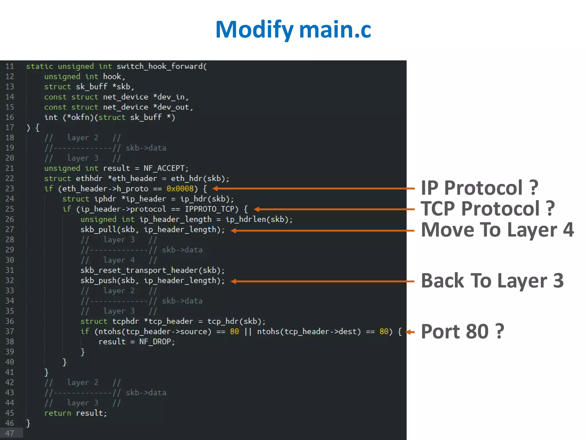 Modify main.c
IP Protocol ?
TCP Protocol ?
Move To Layer 4
Back To Layer 3
Port 80 ?
 