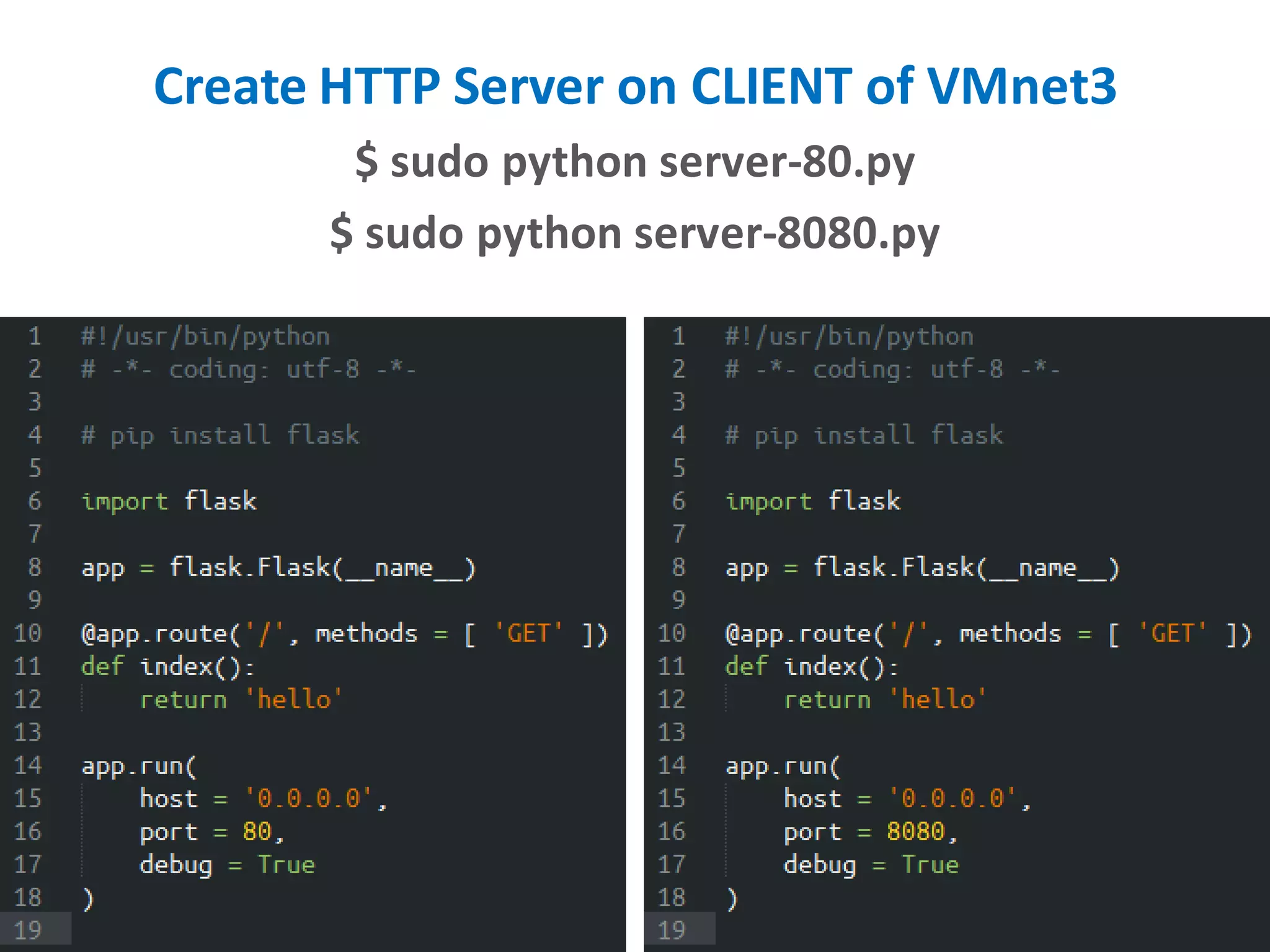 Create HTTP Server on CLIENT of VMnet3
$ sudo python server-80.py
$ sudo python server-8080.py
 