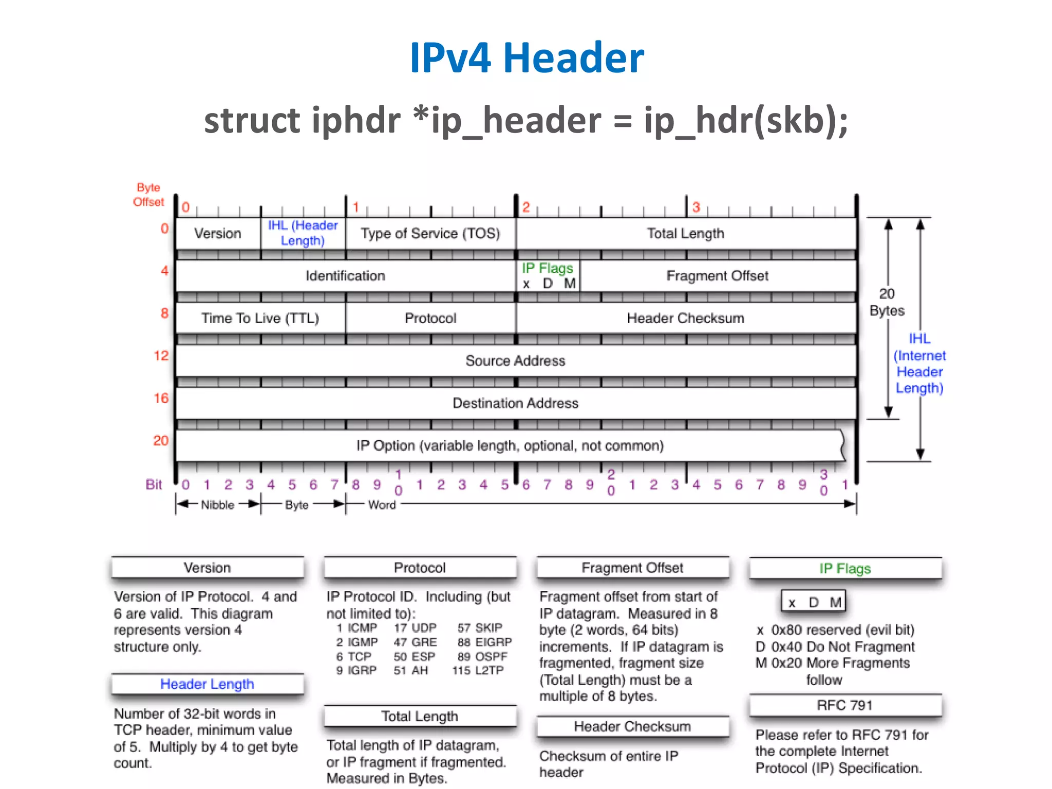 IPv4 Header
struct iphdr *ip_header = ip_hdr(skb);
 