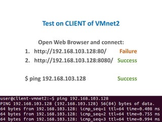 Test on CLIENT of VMnet2
Open Web Browser and connect:
1. http://192.168.103.128:80/ Failure
2. http://192.168.103.128:8080/ Success
$ ping 192.168.103.128 Success
 