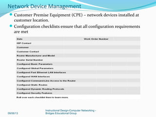 Capture and save configuration file output from a terminal
session
09/06/13
Instructional Design-Computer Networking -
Bridges Educational Group
Network Device Management
 