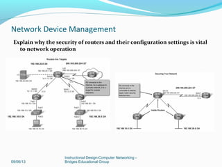 Explain the goals of a comprehensive security policy in
an organization
09/06/13
Instructional Design-Computer Networking -
Bridges Educational Group
Network Device Management
 