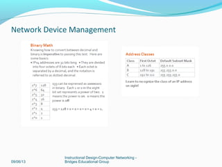09/06/13
Instructional Design-Computer Networking -
Bridges Educational Group
Network Device Management
 