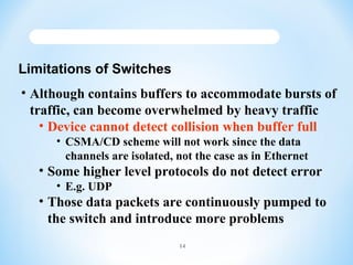 Limitations of Switches
• Although contains buffers to accommodate bursts of
traffic, can become overwhelmed by heavy traf...